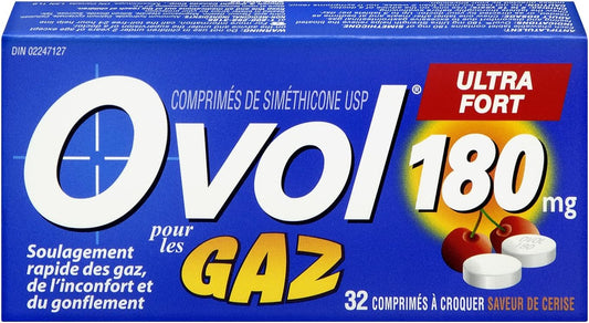 Ovol Extra Strength, Cherry Flavour Chewable Tablets, Gas Pain, Pressure, and Bloating Relief, Made in Canada, 180mg, 32 Count