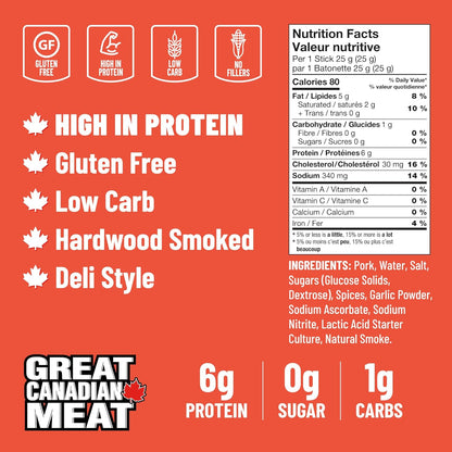 热熏香肠条 - 4 包，每包 4 x 150 克，Great Canadian Meat 出品，肉类零食，散装香肠条盒，适合肉食爱好者。零食之选，古饮食法，无麸质，高蛋白