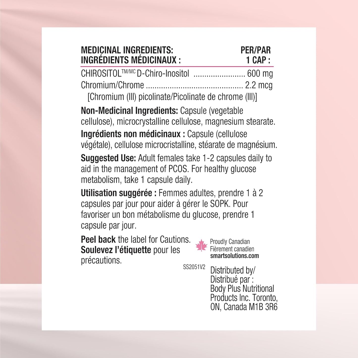 Smart Solutions Glucosmart 胶囊，促进健康的血糖代谢，帮助控制多囊卵巢综合征 (PCOS) 症状。含 600 毫克 D-手性肌醇，不含麸质、大豆，不含人工防腐剂或甜味剂，60 粒装