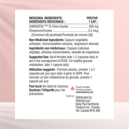 Smart Solutions Glucosmart 胶囊，促进健康的血糖代谢，帮助控制多囊卵巢综合征 (PCOS) 症状。含 600 毫克 D-手性肌醇，不含麸质、大豆，不含人工防腐剂或甜味剂，60 粒装