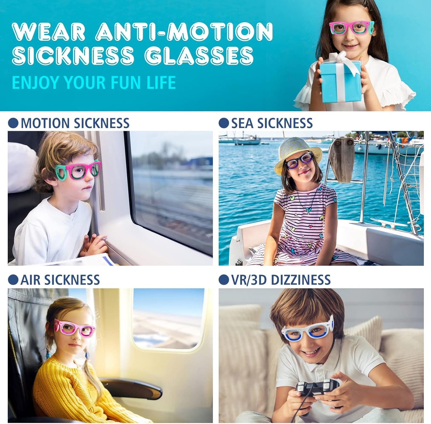 Hion 兒童防暈動病智慧眼鏡（適用於 3-8 歲兒童）– 超輕便攜緩解噁心液體眼鏡，可緩解暈車、暈機、暈船 – 兒童旅行/郵輪必備