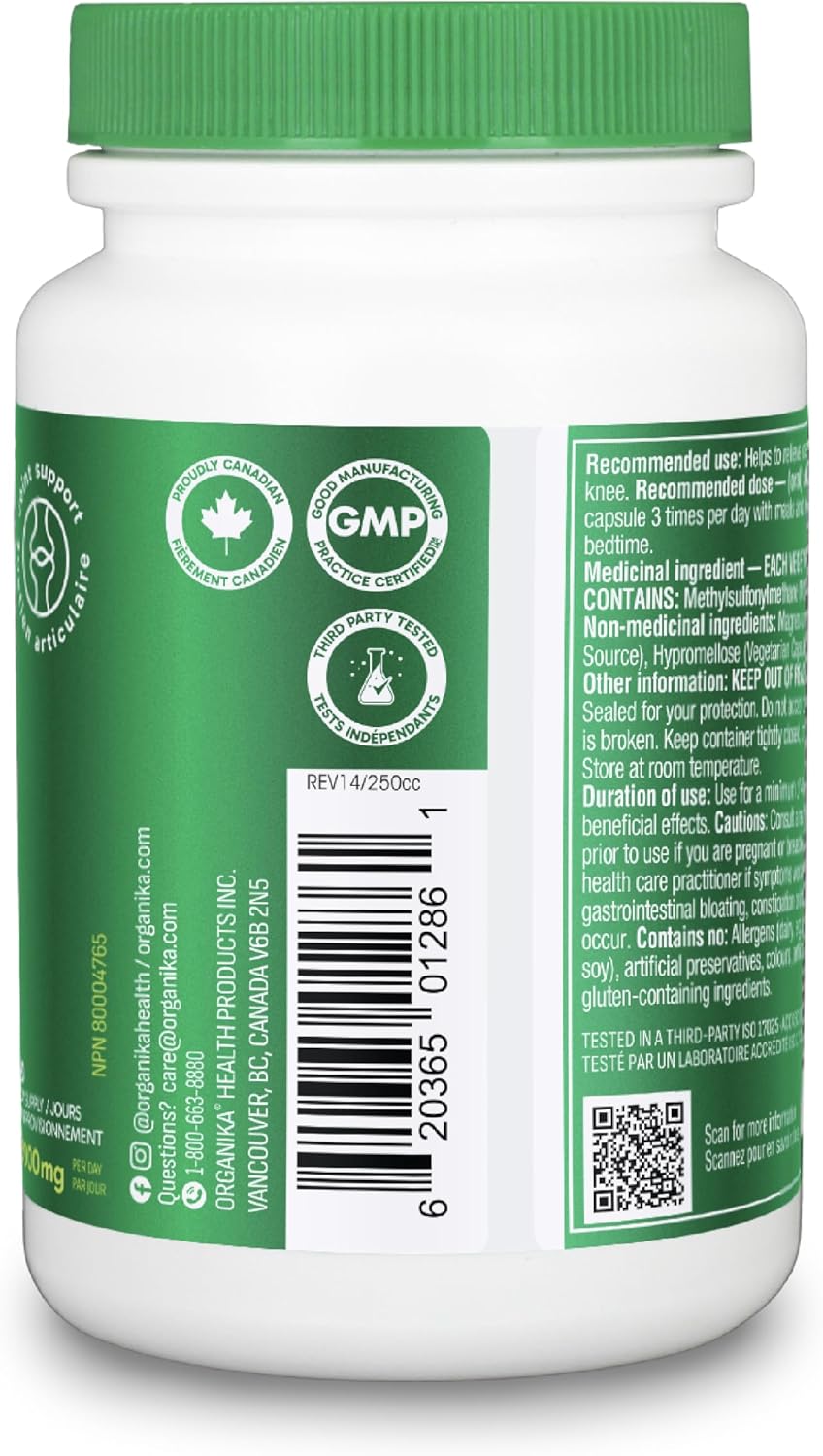 Organika MSM - 关节支持和炎症缓解补充剂 | 支持更健康的关节、骨骼和软骨 | 更强韧的头发、皮肤和指甲 | 强效抗氧化剂 | 1,000 毫克 MSM - 90 粒素食胶囊