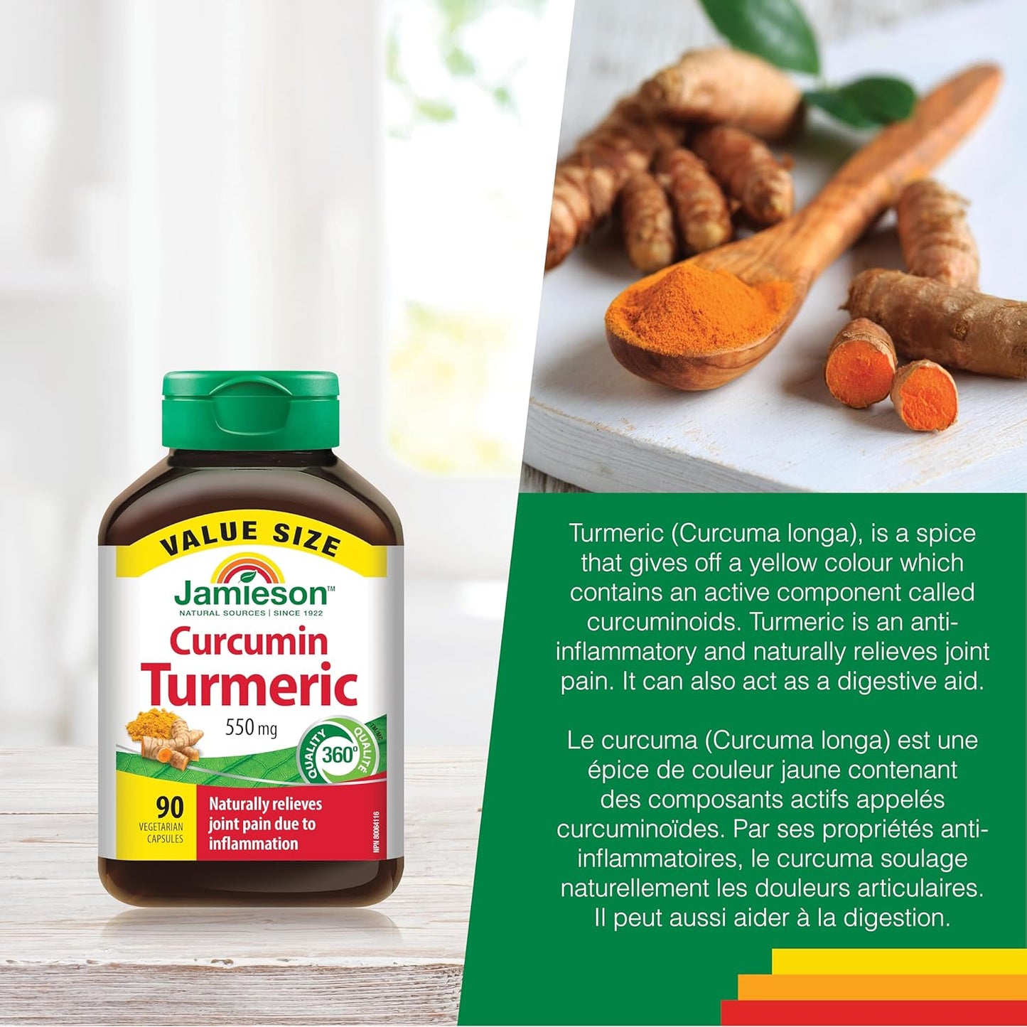 Jamieson Curcumin Turmeric 550 mg, Provides Natural Joint Pain Relief, Supports Inflammation, and Helps with Digestion. NON-GMO, Gluten-Free, 90 Vegetarian Capsules, Proudly Canadian