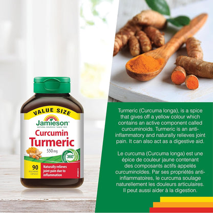 Jamieson Curcumin Turmeric 550 mg, Provides Natural Joint Pain Relief, Supports Inflammation, and Helps with Digestion. NON-GMO, Gluten-Free, 90 Vegetarian Capsules, Proudly Canadian