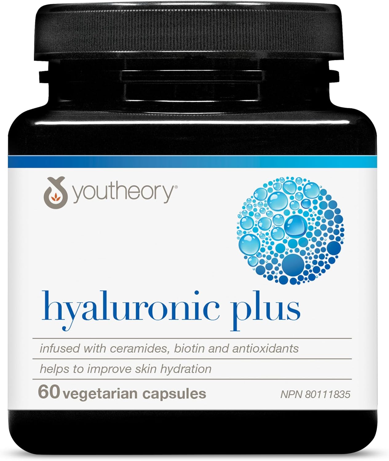 Youtheory 透明质酸加素食胶囊，60 粒，含神经酰胺、生物素和维生素 C。有助于改善皮肤保湿。