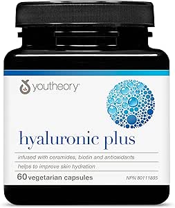 Youtheory 透明質酸加素食膠囊，60 粒，含神經醯胺、生物素和維生素 C。有助於改善皮膚保濕。