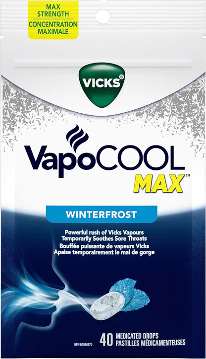 Vicks Vapoinhaler 鼻腔减充血剂，含舒缓蒸汽和 VapoCOOL Max 药用滴剂，用于暂时缓解咳嗽和咽喉痛，润喉糖，冬霜味，40 粒