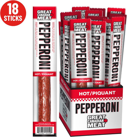 Hot Pepperoni Sticks Box, 18 x 22g Caddies by Great Canadian Meat, Meat Stick Snacks, Bulk Pepperoni Sticks Box for Carnivores. Perfect for Snacking, Gluten Free, High in Protein'