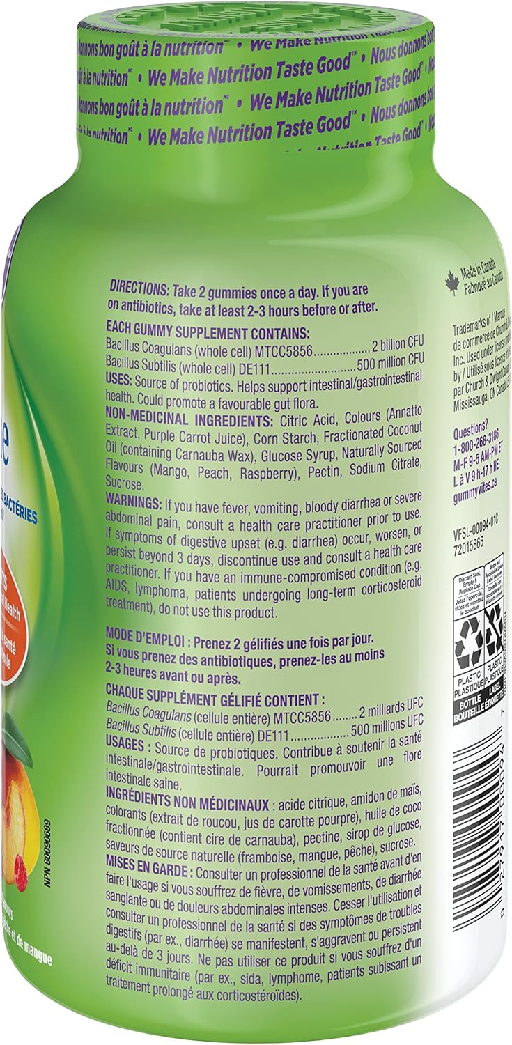 Vitafusion 益生菌成人軟糖，2 種益生菌菌株，每劑 50 億活性細胞，支持胃腸道健康，70 粒，1 個月用量，素食軟糖