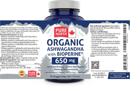 Pure North Naturals - 有機南非醉茄，含 BioPerine，75 粒素食膠囊，18 天用量 - 提高能量、認知功能和記憶力 - 經第三方測試 - 加拿大配製和製造