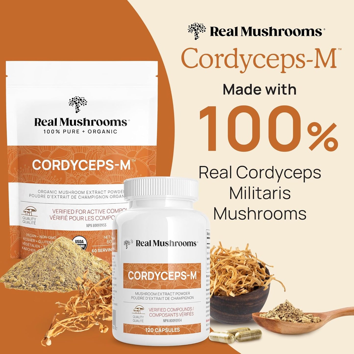 Real Mushrooms Cordyceps Capsules - Organic Militaris Extract with Measured Beta-Glucans Fungal Polysaccharides Immunomodulating Properties Vegan Supplement, Non-GMO, 300 Caps