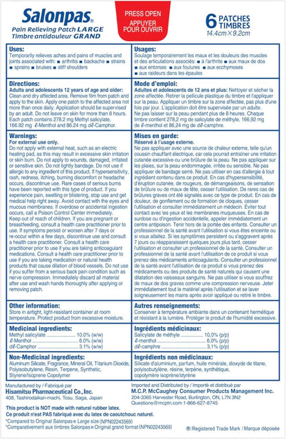 Salonpas Pain Relieving Patch Large, 6 count