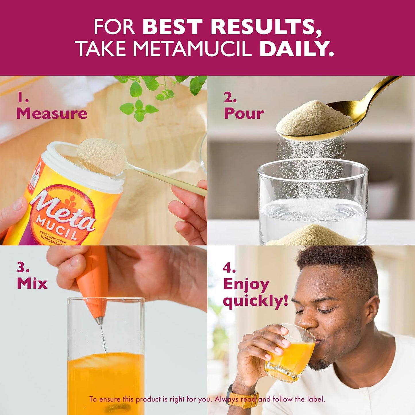 Metamucil, 每日车前子壳粉补充剂，无糖，四合一膳食纤维，促进消化健康，橙味顺滑饮料，180 份