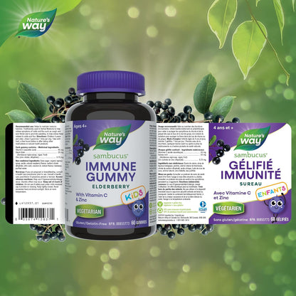 Nature's Way 接骨木免疫感冒和流感护理接骨木软糖，含维生素 C 和锌 - 为 4 岁以上儿童提供免疫支持，60 粒软糖