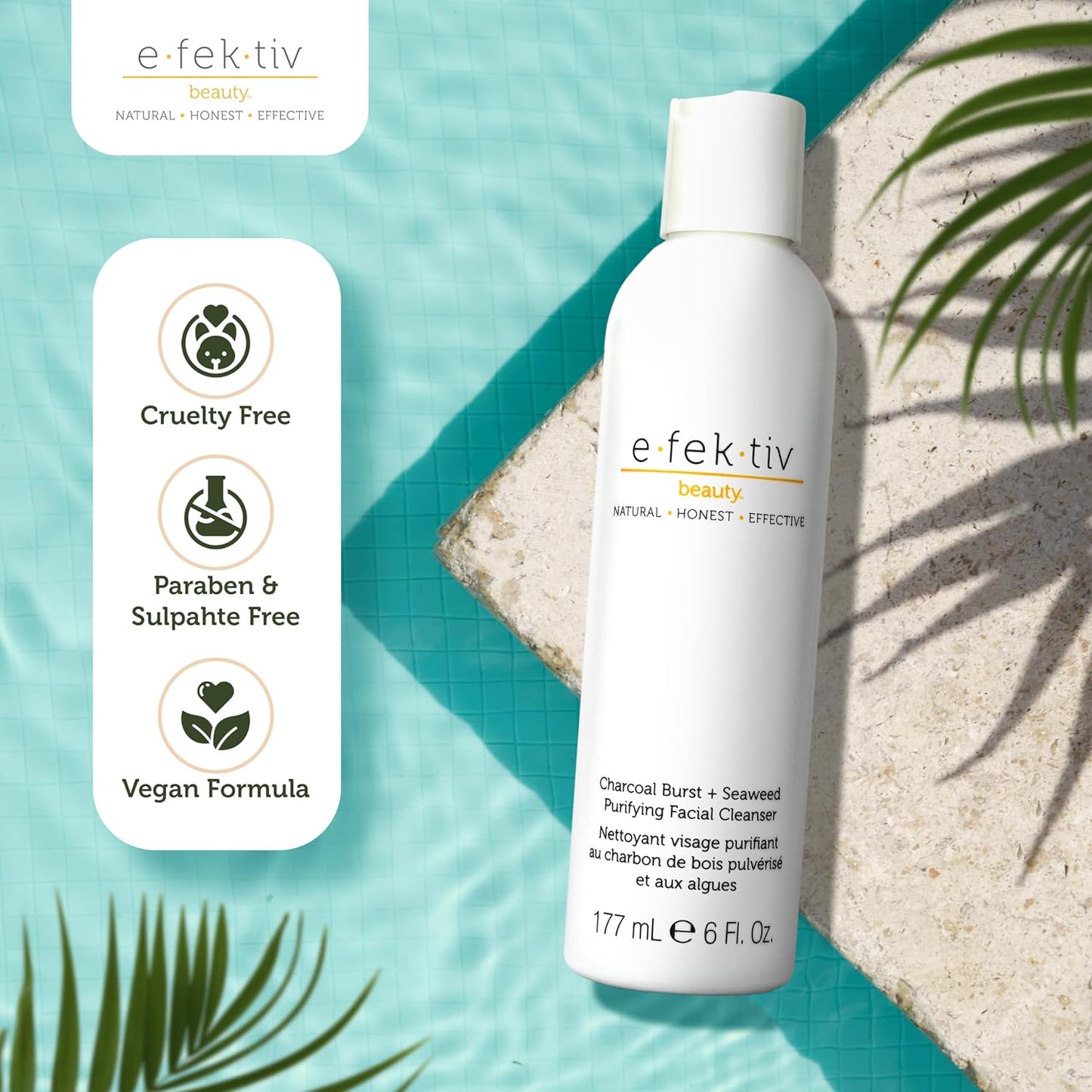 e.fek.tiv beauty Charcoal Burst Plus Seaweed Purifying Facial Cleanser - Gently Cleanses Pores - Clarifying Face Wash - Vegan - Sulfate Free - Clean Formula – Unisex - 6 oz