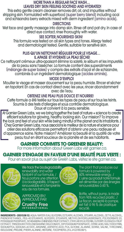 Garnier Green Labs Amino-Berry Soft Gentle Facial Cream Cleanser Hydrates and Soothes Skin, 150 mL