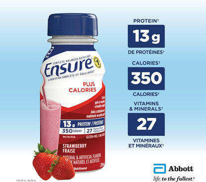 Ensure Plus Calories，营养补充奶昔，帮助健康增重或维持体重，草莓味，6 x 235 毫升瓶装