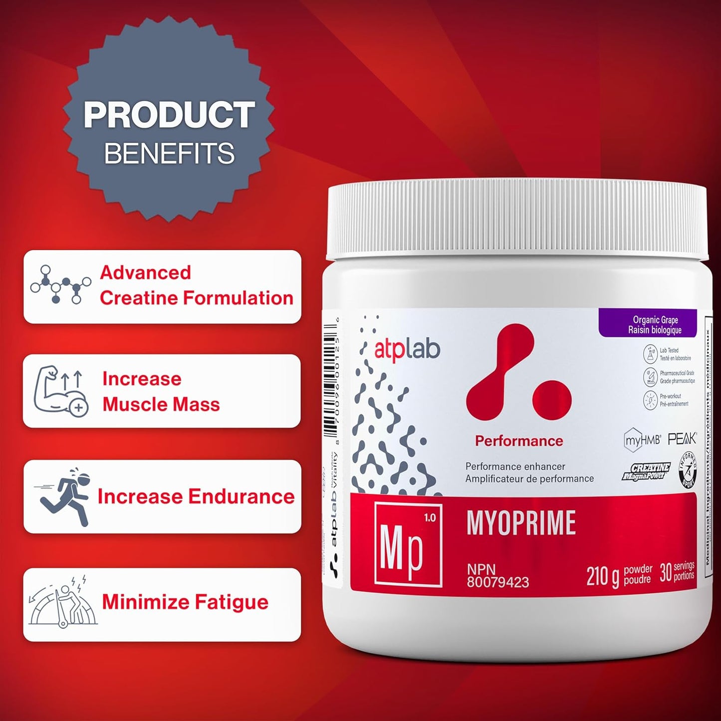 ATP LAB - Myoprime 210克（有机葡萄味）30份 - 肌酸一水合物粉 - 肌酸蛋白粉 - 性能增强剂 - 减少蛋白质分解