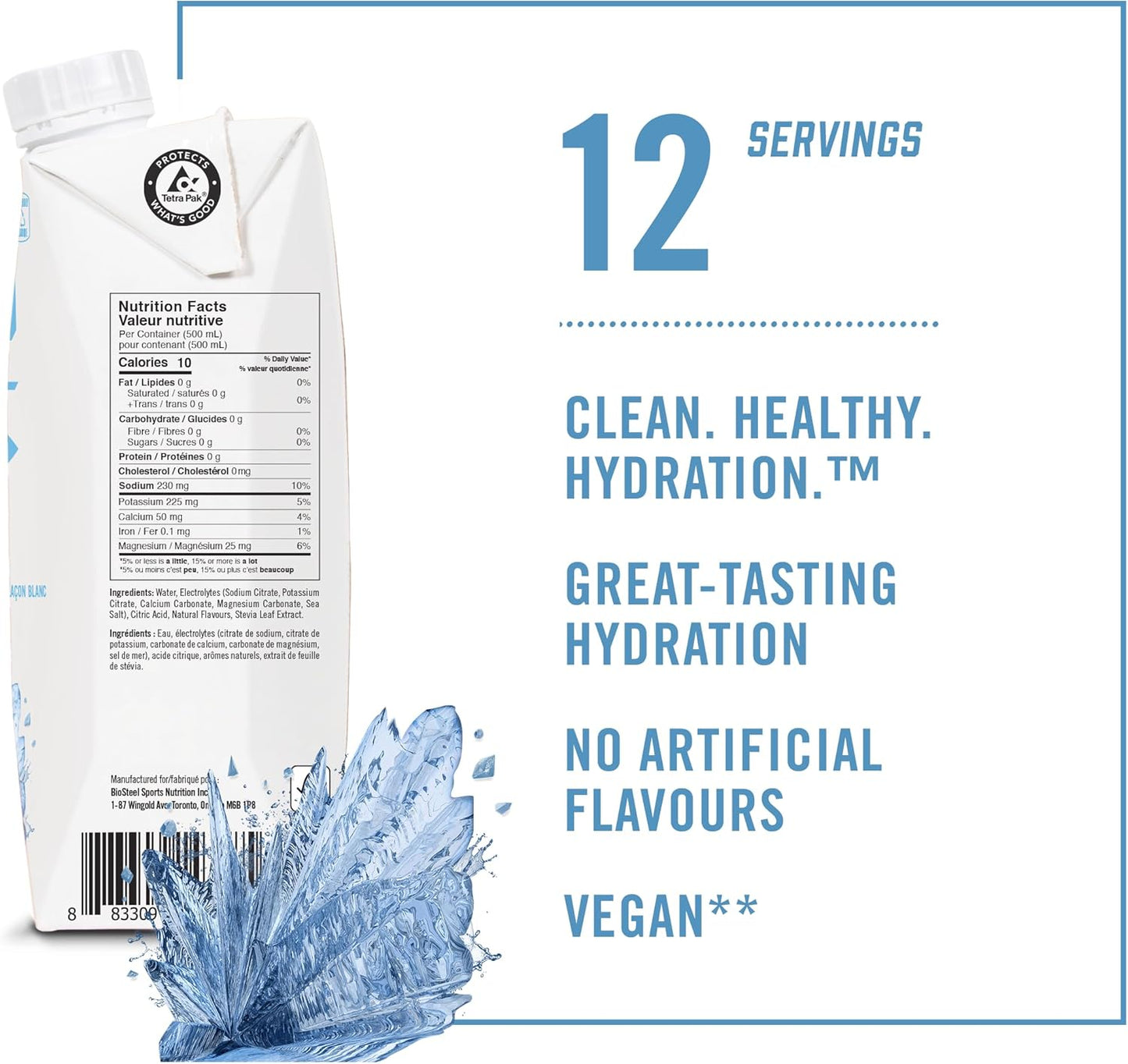 BioSteel Sports 加拿大制造无糖运动饮料 | White Freeze | 500毫升 12瓶装，含5种必需电解质，助您达到最佳补水效果