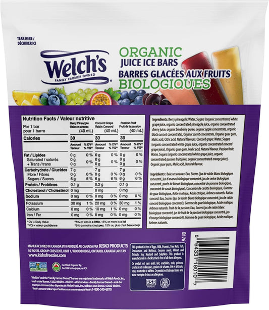 Welch's, Organic Juice Ice Bars, Naturally Flavoured Bars, 12 x 40ml