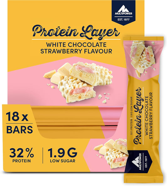 Multipower Protein Layer Bar - White Chocolate Strawberry Flavor - High-Protein Multi-Layer Snack - 50g Bars (18 Pack)