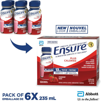 Ensure Plus Calories，营养补充奶昔，帮助健康增重或维持体重，草莓味，6 x 235 毫升瓶装