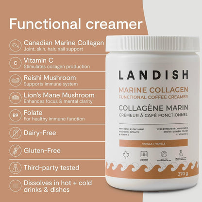 Landish 海洋膠原蛋白咖啡奶精粉 - 野生海洋膠原蛋白、靈芝、獅鬃菇和維生素 C - 有益於皮膚、頭髮和指甲，促進關節和免疫健康 - 香草味 - 不含乳製品、不含麩質、不添加糖…