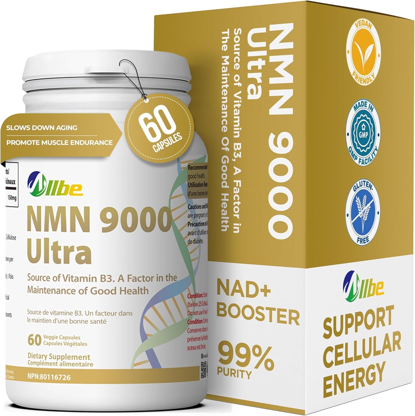 ALLBE NMN 9000 超级胶囊 - 加拿大 NAD 补充剂，用于细胞能量代谢、修复、免疫和健康衰老 - 保质期长的烟酰胺单核苷酸 150 毫克 - 60 粒胶囊