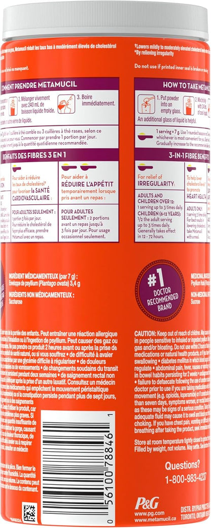 Metamucil, 每日车前子壳粉补充剂，真糖，三合一膳食纤维，促进消化健康，原味顺滑风味饮料，72 份