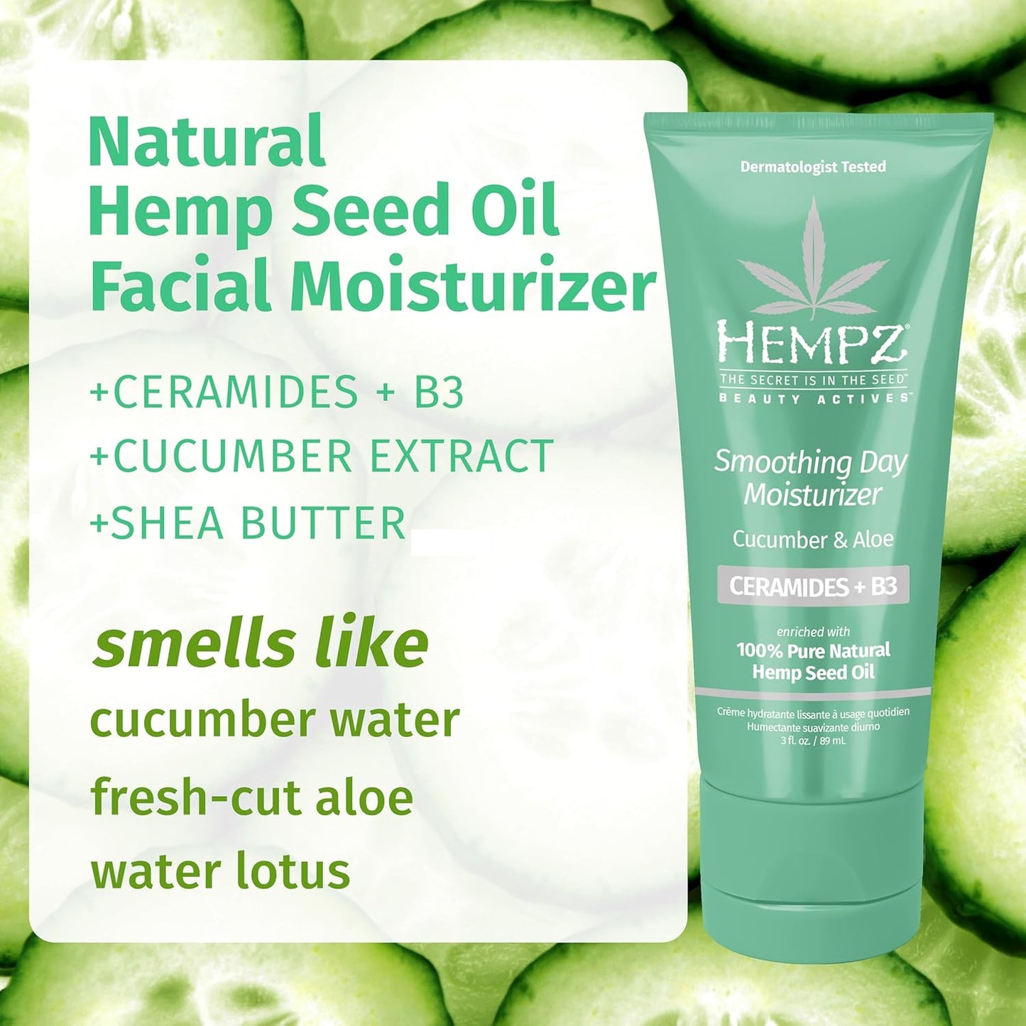 Hempz Cucumber & Aloe Smoothing Day Moisturizer - Hydrating Daily Cream Rich with Minerals, Vitamin C, & Hempseed Oil to Hydrate & Repair Extremely Dry or Sensitive Skin, for Face & Body, 3 Oz