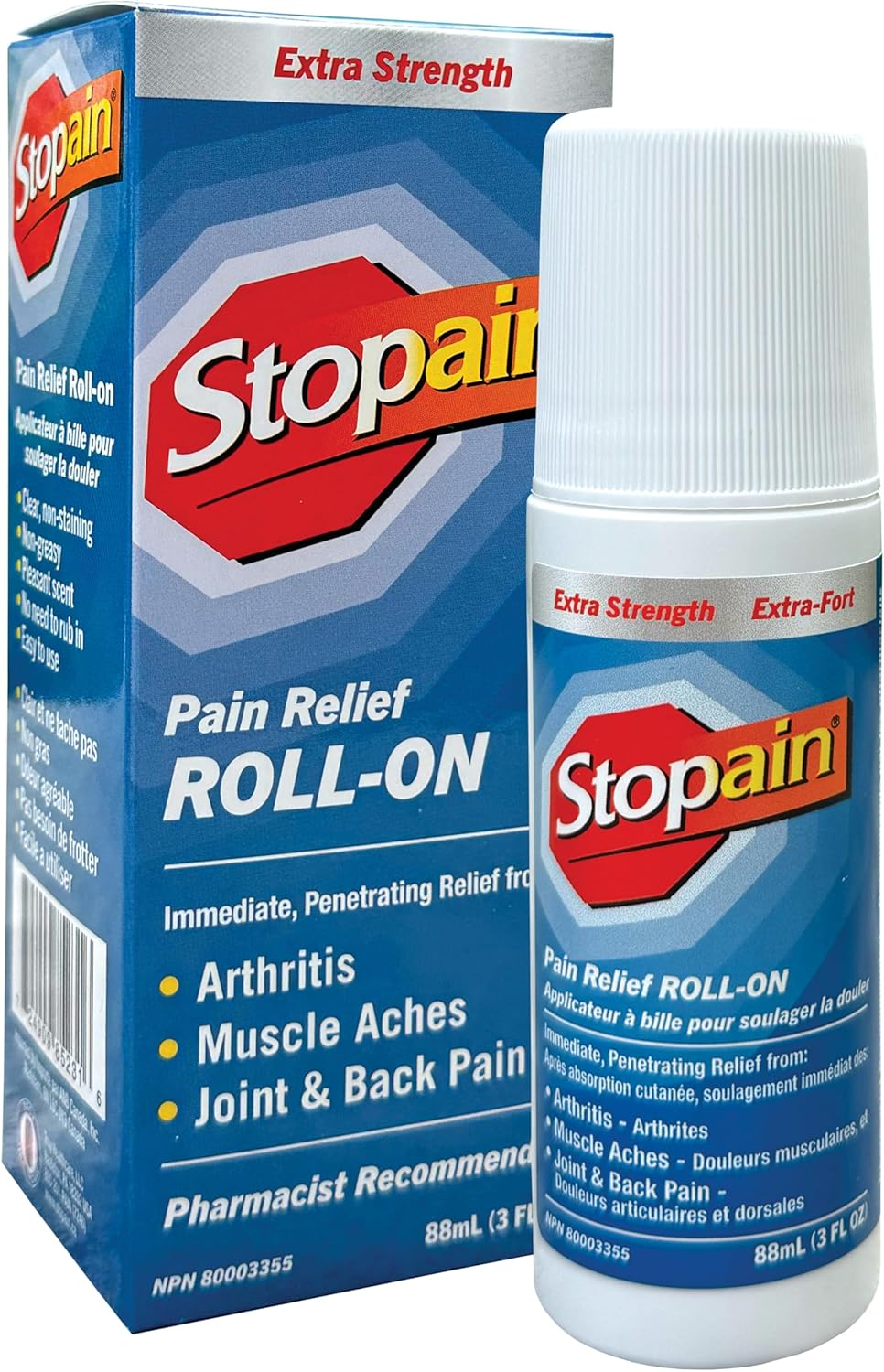 Stopain 強效止痛滾珠，快速緩解關節炎、肌肉酸痛、關節痛和背痛，不油膩，3 液體盎司（包裝可能有所不同）