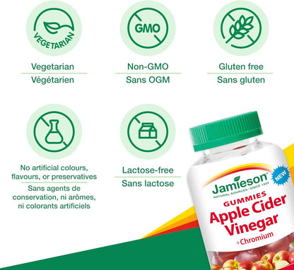 Jamieson 苹果醋软糖，含铬，有助于维持正常血糖水平，促进新陈代谢。素食，不含人工色素、香精或防腐剂，红苹果味，60 粒