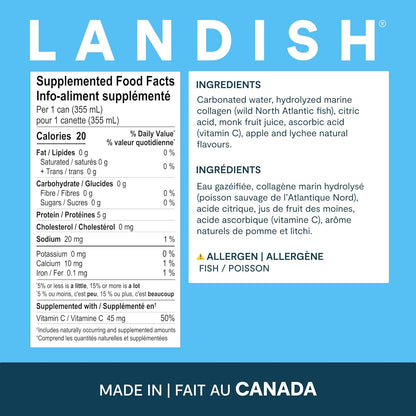 Landish Marine Collagen Sparkling Water Drink - Apple Lychee Flavour - 5 g Wild Canadian Marine Collagen - 0 g Sugar - 355 ml (6-Pack)