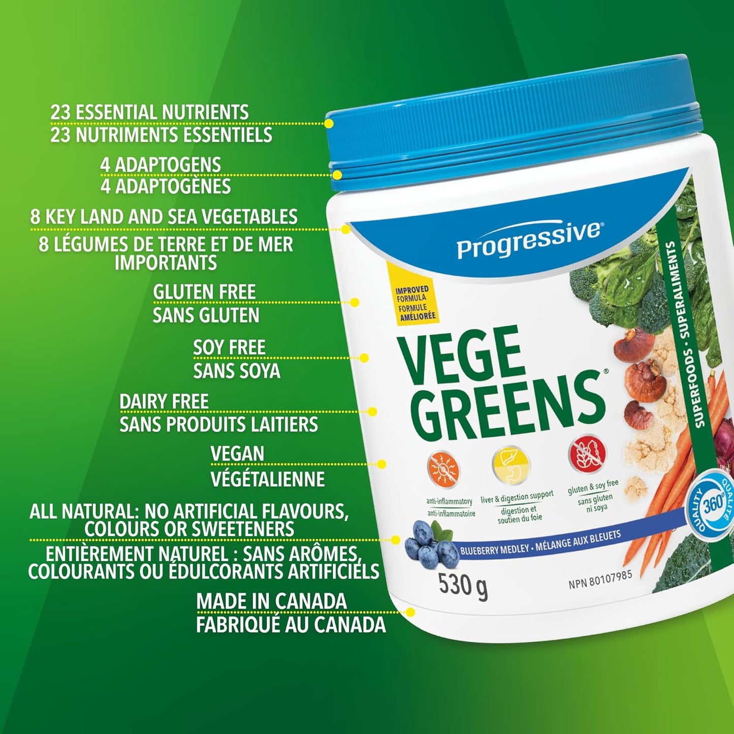 Progressive Vegegreens 蓝莓混合口味 530 克，抗炎、保肝、助消化、复合维生素，适合活跃男性，120 粒装，含南非醉茄和西伯利亚人参