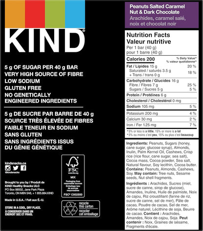 KIND 能量棒，花生咸焦糖坚果和黑巧克力，无麸质，低糖，40 克，12 条