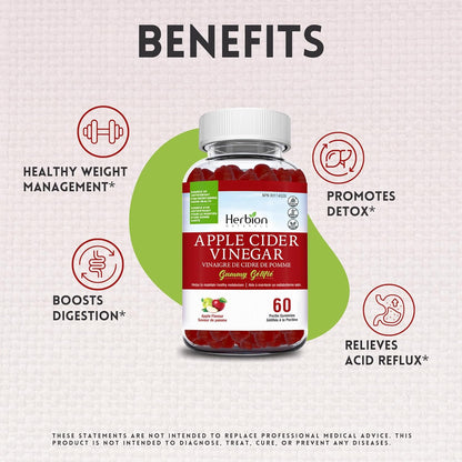 Herbion Naturals 蘋果醋軟糖，含葉酸、石榴、甜菜根和維生素 B12，是維持身體健康和新陳代謝的抗氧化劑來源，成人適用，60 粒果膠軟糖，蘋果味