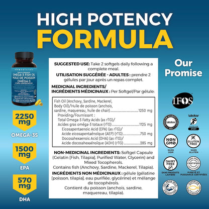 Viva Naturals 三倍强度 Omega 3 鱼油补充剂 - 2500 毫克鱼油，含再酯化 Omega-3 脂肪酸（包括 EPA 和 DHA），有益于认知健康和脑功能 - 30 粒软胶囊