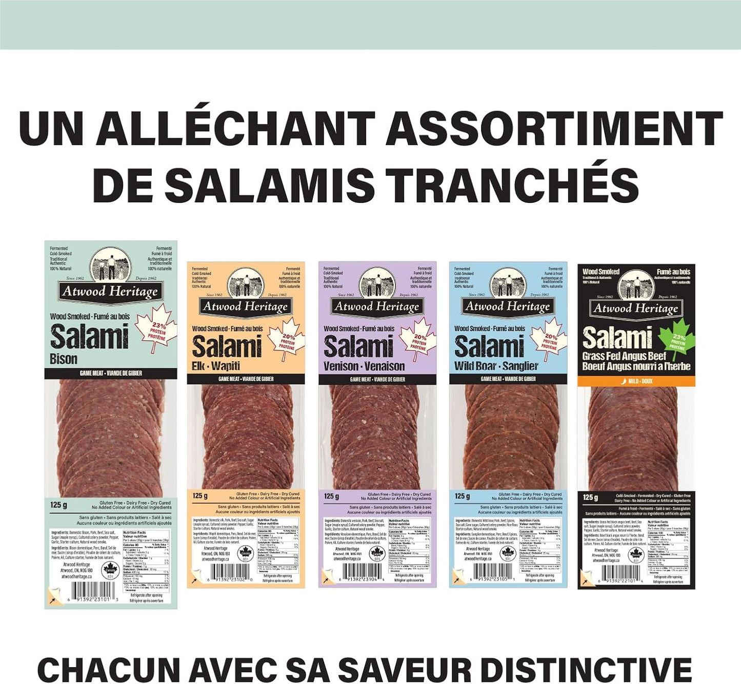 Atwood Heritage 野牛豬肉牛肉切片薩拉米香腸，125克，高蛋白，無麩質，無硝酸鹽，加拿大製造