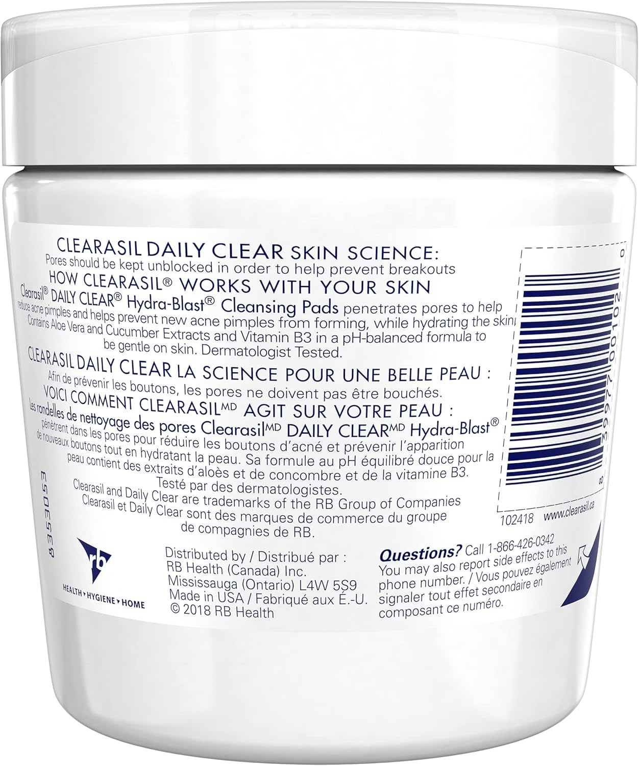 Clearasil, Daily Clear, Hydra-Blast Cleansing Pads, Won't Overdry, Salicylic Acid 1%, 90 Count