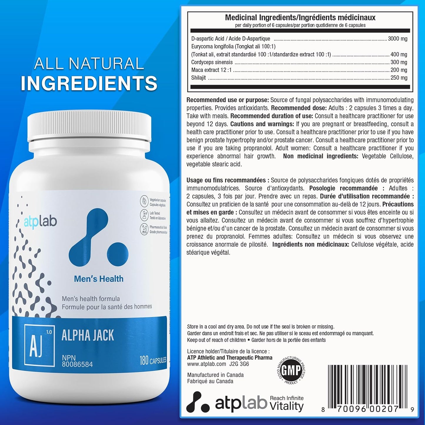 ATP LAB - Alpha Jack 180粒胶囊，30天用量 - 男士健康补充剂 - 能量支持和天然补充剂 - 男士抗氧化补充剂 - 加拿大配方和制造