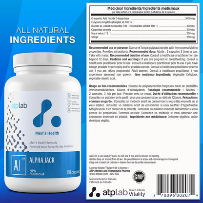 ATP LAB - Alpha Jack 180粒胶囊，30天用量 - 男士健康补充剂 - 能量支持和天然补充剂 - 男士抗氧化补充剂 - 加拿大配方和制造