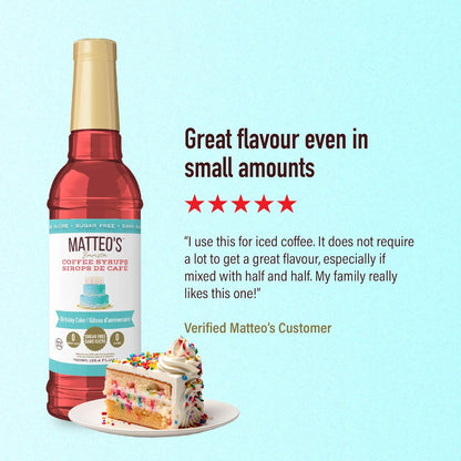 Matteo's Barista 风格无糖咖啡糖浆，生日蛋糕口味，零卡路里和糖，适合生酮饮食，非常适合拿铁、卡布奇诺、浓缩咖啡、美式咖啡，口感浓郁，25.4 盎司 1 包