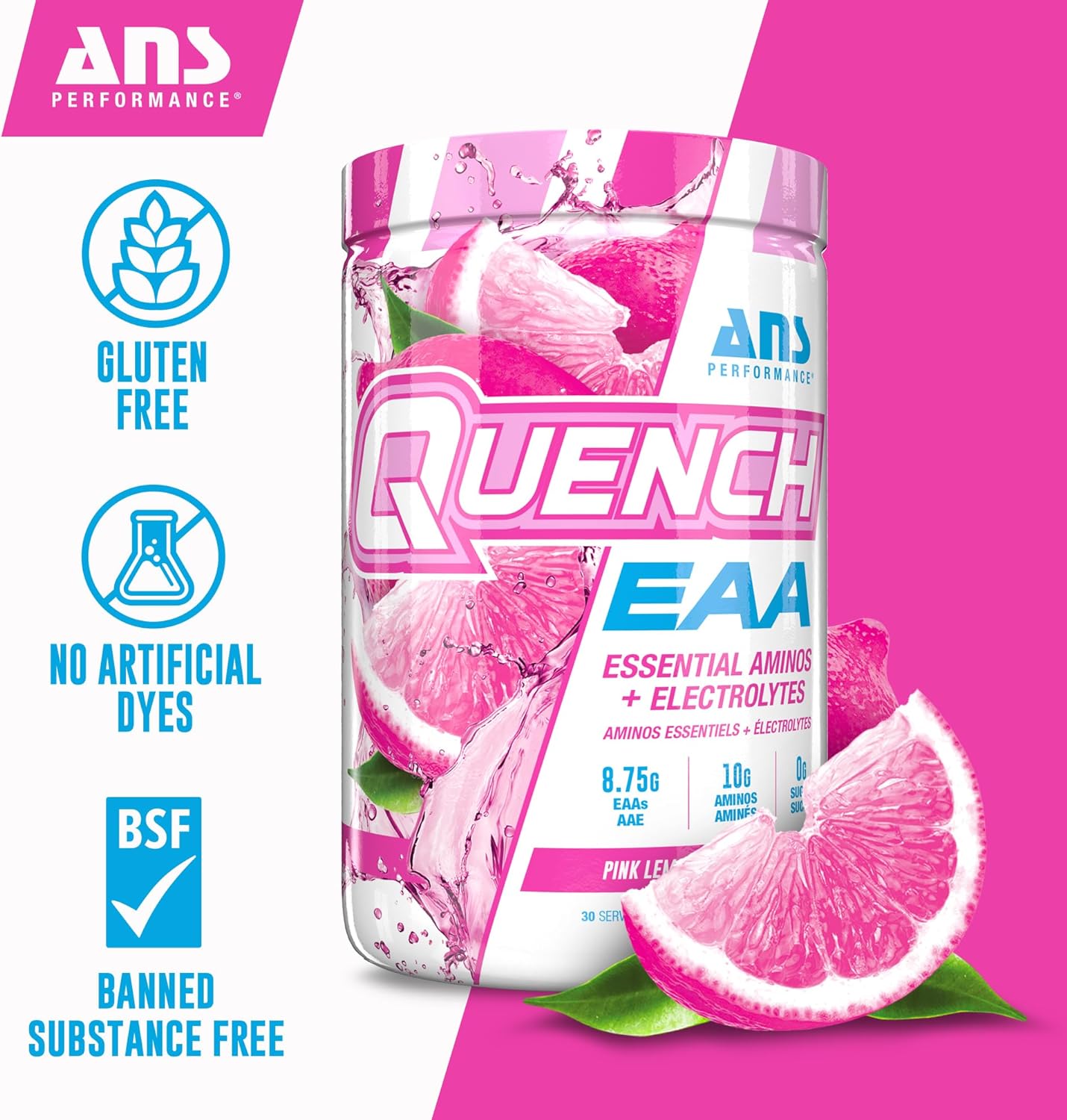 QUENCH EAA 氨基酸 + 電解質 - 9 種 EAA 的完整混合物 - 10 克總氨基酸 - 維生素、抗氧化劑、電解質 - 零糖、零碳水化合物、零卡路里（粉紅檸檬水）