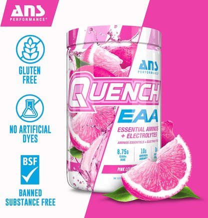 QUENCH EAA 氨基酸 + 電解質 - 9 種 EAA 的完整混合物 - 10 克總氨基酸 - 維生素、抗氧化劑、電解質 - 零糖、零碳水化合物、零卡路里（粉紅檸檬水）