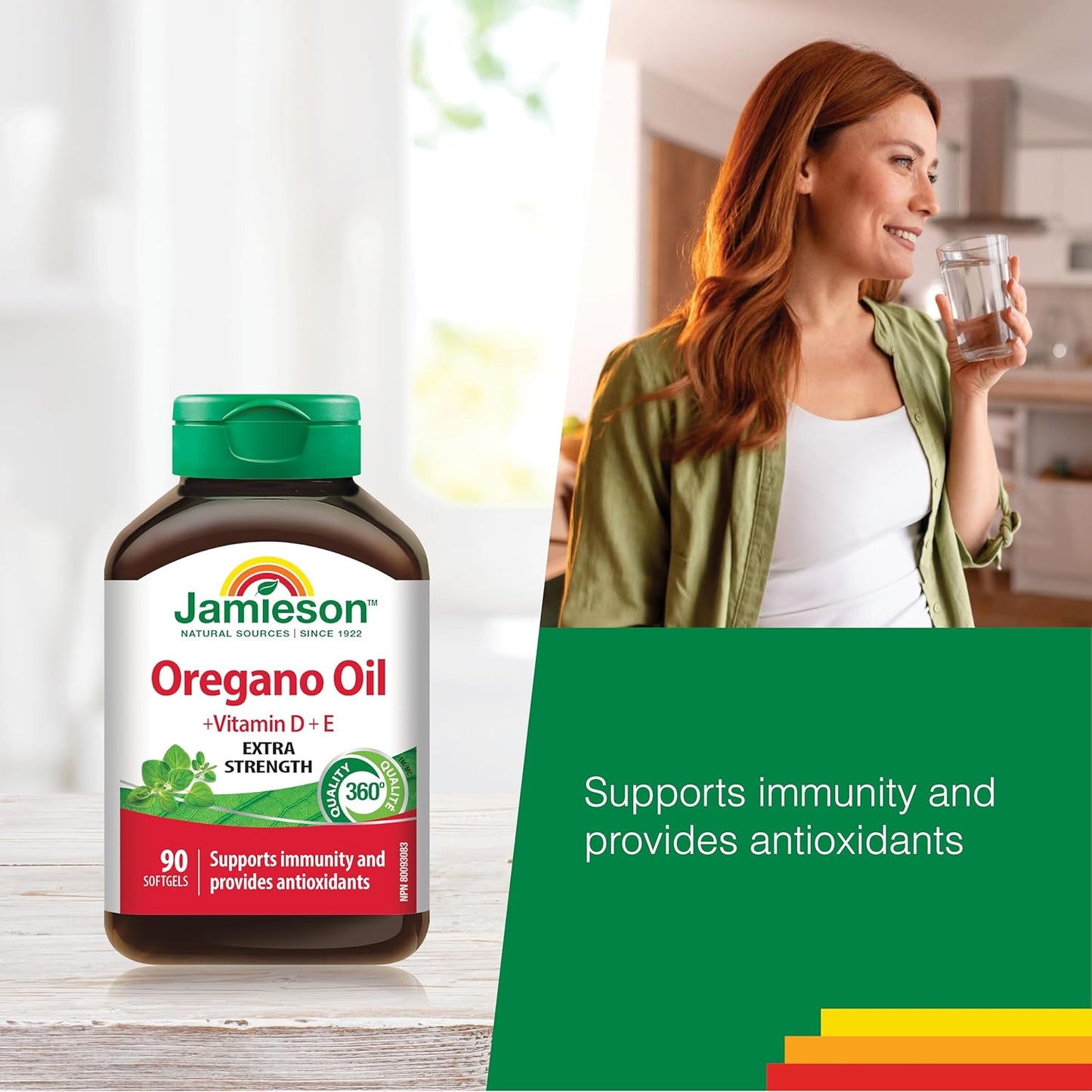 Jamieson 牛至油 180 毫克软胶囊，强效，含维生素 D3 1,000 IU 和维生素 E。支持免疫健康，抗氧化，非转基因，无麸质，90 粒，加拿大制造