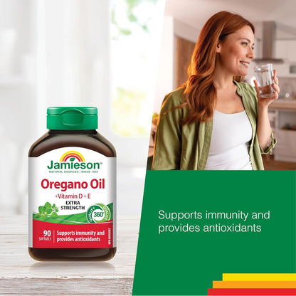 Jamieson 牛至油 180 毫克软胶囊，强效，含维生素 D3 1,000 IU 和维生素 E。支持免疫健康，抗氧化，非转基因，无麸质，90 粒，加拿大制造