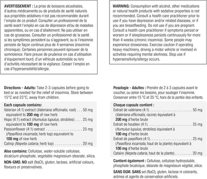 Jamieson 舒缓睡眠草本复合物，含缬草、西番莲和啤酒花，不含褪黑素。天然助眠镇静成分，非转基因，无麸质，60粒素食胶囊，加拿大制造
