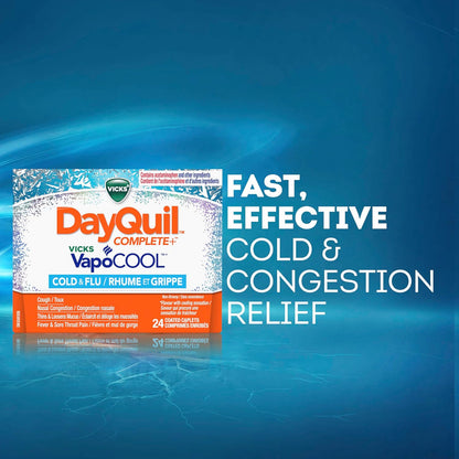 Vicks DayQuil COMPLETE Vicks VapoCOOL 感冒和流感药，不引起困倦，白天缓解多种症状，用于止咳、缓解鼻塞，24 粒胶囊