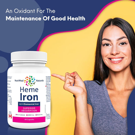 Nutrimed Naturals - 血紅素鐵補充劑 60 粒膠囊，60 天用量 - 11 毫克元素鐵 + 硒、生物活性葉酸、維生素 B12、維生素 C - 經第三方測試 - 加拿大配製和製造
