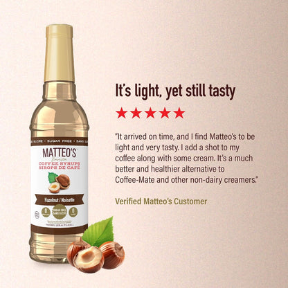 Matteo's Barista 风格无糖咖啡糖浆 - 零卡路里生酮友好型咖啡糖浆和调味料 - 美国制造犹太洁食无糖咖啡调味糖浆，适合家庭和工作（榛子味，25.4 盎司，1 包）